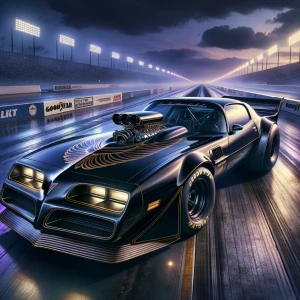 A sleek, obsidian black Pontiac Firebird Trans Am funny car, poi...