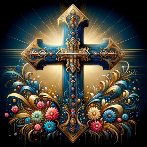 Create an image of a majestic cross, larger in size, with a harm...