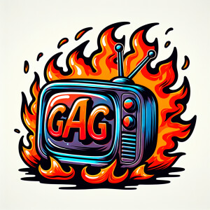 Tube TV with the word “GAG” on the screen on fire cartoon logo