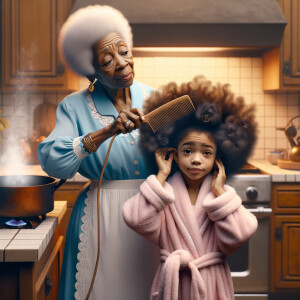 Create a realistic 3-D image of an african-American grandmother wearing a blue house dress and a white apron . She is in the kitchen with her african-American granddaughter. Her granddaughter is wearing a pink bath robe. The grandmother has a hot comb in her hand and she is straightening her granddaughters hair. One side of her granddaughters hair is in  a Afro the other straight 
There is smoke coming from the hot comb
The granddaughter is holding her ear and making a funny face