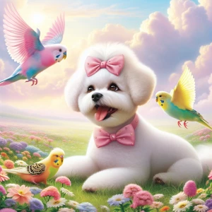A bichon Frise with two pink bows on her ears with a short hair...