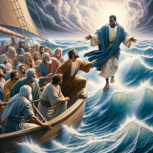 African-American Jesus telling Peter to come walk on the water,...