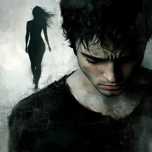 Generate an image depicting a forlorn man with an expression conveying deep sadness and disappointment. Behind him, illustrate a beautiful woman walking away, symbolizing the end of their romantic relationship.