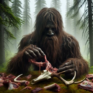 A humanoid looking hair covered sasquatch eating an elk