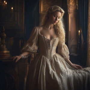 A beautiful blonde woman in a 17 century nightgown in a 17th cen...