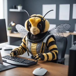 A worker bee dressed in business attire, sitting at a desk in an...