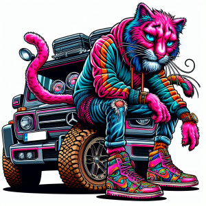 Create a colorful/psyscadelic character of pink panther wearing...