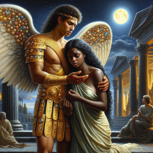Create an oil painting image featuring a male angel and a grievi...