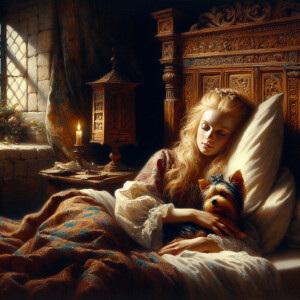 A beautiful blonde haired woman in pajamas and her cute yorkie p...