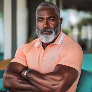The image shows man white a bearded black, gray haired muscular...