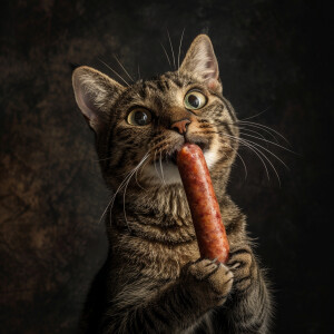 A cat is eating a sausage