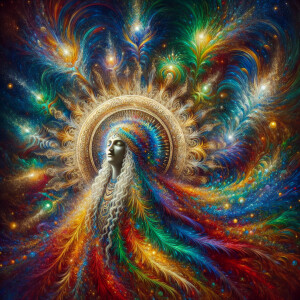 Create an image of a regal Parrot Goddess exuding a powerful, ho...