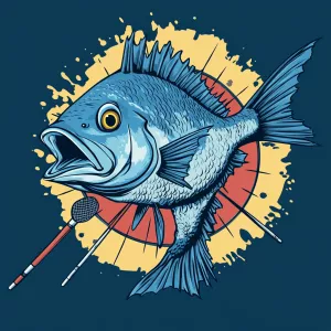 A cool vector avatar of a human-like sea bass playing darts. Sim...