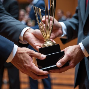 Depict the ceremonious moment of a distinguished award being pas...