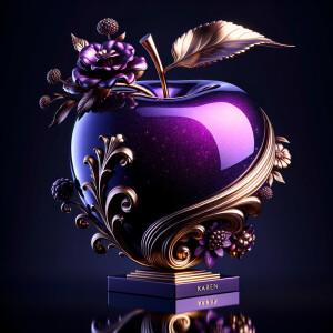 Envision a lustrous, oversized apple with a surface that gleams in a radiant shade of purple, as if lacquered to a high shine, reflecting light from its smooth, curvaceous form. The apple is adorned with elegant gold leaf patterns that swirl luxuriously around its contour, bringing a baroque opulence to its appearance. The stem, a bronzed sculpture in itself, supports a single leaf that seems to glow with an inner luminescence. At the apple’s base, a collection of flowers blooms, their petals softening the scene with organic shapes and colors that harmonize with the vibrant purple and gold. Incorporated into the metallic filigree in an artful script is the name "Karen," as if the apple were personally inscribed, enhancing the custom and bespoke quality of the piece.