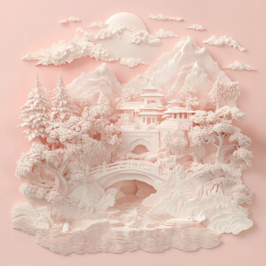 3D multi-layered japanese landscape made from Kirigami:: in the...