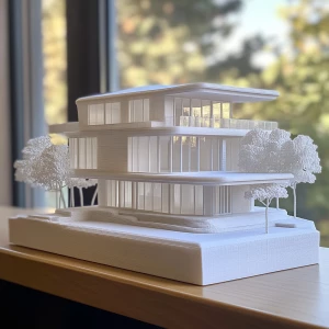 3D printed scale model of a modern house being displayed as art on a wall