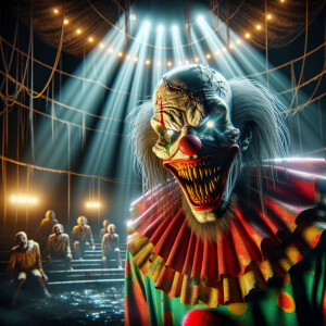 "Create an illustration of an evil-looking clown standing in the...