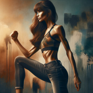 Athletic Thin skinny Attractive, Asian teenage girl, long brown hair and bangs, wearing tight skinny jeans and a halter top paint marks on her clothing, heroic pose Asian graffiti background, side view