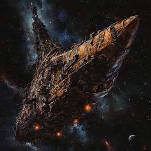 Create a digital painting of a spine-chilling spaceship resembli...