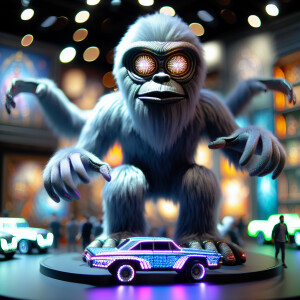 In a whimsically sinister scene, a plush ominous digital oracle...