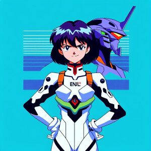 1990s anime screencap, girl a plugsuit, standing with hands on h...