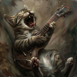 A grey tabby cat is depicted standing up, passionately playing t...