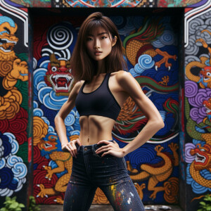 Athletic Thin skinny Attractive, Asian teenage girl, long brown hair and bangs, wearing tight skinny jeans and a halter top paint marks on her clothing, heroic pose Asian graffiti background