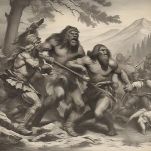 Ancient fighting between humanoid looking haircovered sasquatch...