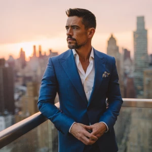 The image captures a well-dressed man standing on a high-rise ba...