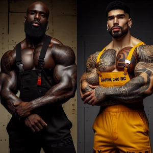 Two muscular men are posing closely together, showcasing intrica...