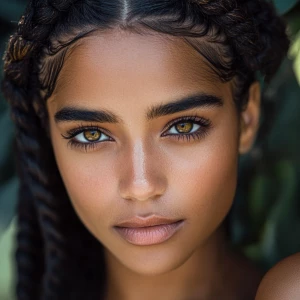 a woman, look to the camera, close up photo, Crown Braid Hairsty...