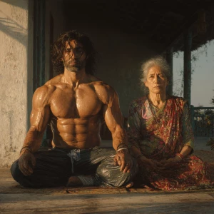 Hyperrealism photo painting,A man muscular beefy sweaty doinga y...