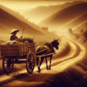 A farmer leading a horse-drawn cart along a winding dirt road