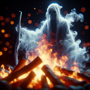 Sharp photography of a campfire, with smoke rising from it and t...