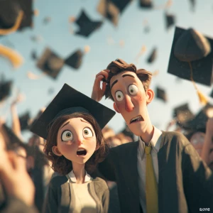 A 3d realistic image of a graduation with a girl accidentally po...