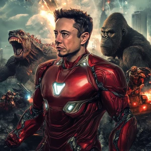 Elon Musk as Iron Man with Christmas style. Fighting off godzill...