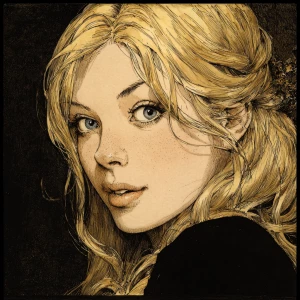 Portrait noir of a blonde woman, by milo manara