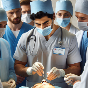 Doctor, a man, surgery who makes an operation to people’s nose a...