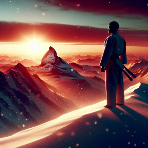 Snowy mountain background with a gi standing at the top. The sun...
