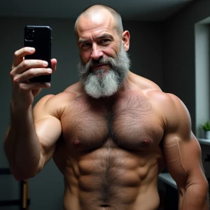The image shows a middle-aged man with a muscular, hairy physiqu...