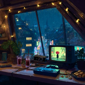 A cozy attic room at night during heavy rain, viewed from inside...