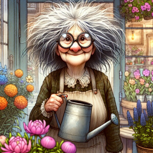 a whimsical realistic image of an old lady with wild grey hair t...