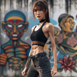 Very thin Athletic Thin skinny Attractive, Asian teenage girl, long brown hair and bangs, wearing tight skinny jeans and a halter top paint marks on her clothing, sitting side view heroic pose Asian graffiti