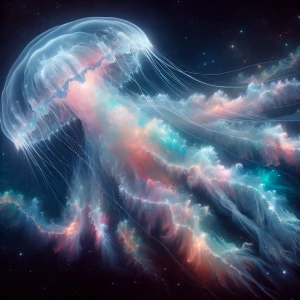 A dazzling cosmic jellyfish, its translucent body aglow with sof...