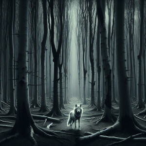 "Dark forest, skeletal trees, glowing wolf."