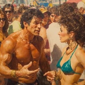 Create a hyperrealistic painting of a muscular, sweaty American...