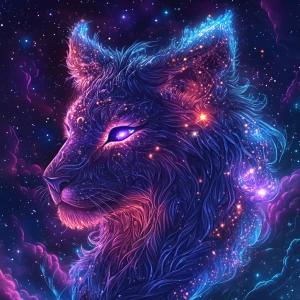 In 2.5D Art Style a Portrait of a celestial lion with a crystall...