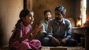 Cinematic AI Image Prompt:

"A humble yet heartwarming moment inside a small rural Indian home. Nandan’s daughter, a bright-eyed young girl with an eager expression, excitedly shares an idea with her father and brother. She leans forward slightly, her hands gesturing as she speaks with enthusiasm. Nandan and his son, sitting on a simple wooden cot, listen intently, their faces showing curiosity and intrigue. The dimly lit room has a rustic charm, with earthy walls, an old wooden table, and a flickering lantern casting a warm glow. The atmosphere is filled with anticipation and hope, as the little girl’s idea might change their lives. The scene captures the innocence of childhood, the power of new ideas, and the unwavering support of a loving family."