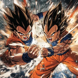 Goku and Vegeta showcasing their signature moves in a dynamic ba...